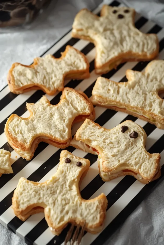 Halloween party food, featuring bat and ghost shaped sandwiches arranged on a black