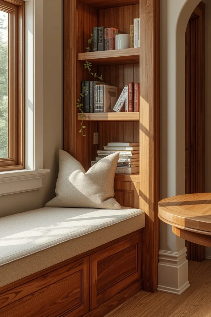 21 Kitchen Banquette Seating Ideas That Make Every Meal Feel Special 14 kitchen nook, featuring an L-shaped banquette bench with a built-in open bookshelf end panel
