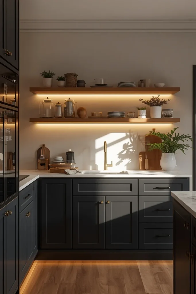 kitchen, featuring soft matte black lower cabinets, warm wood open shelving, brass hardware