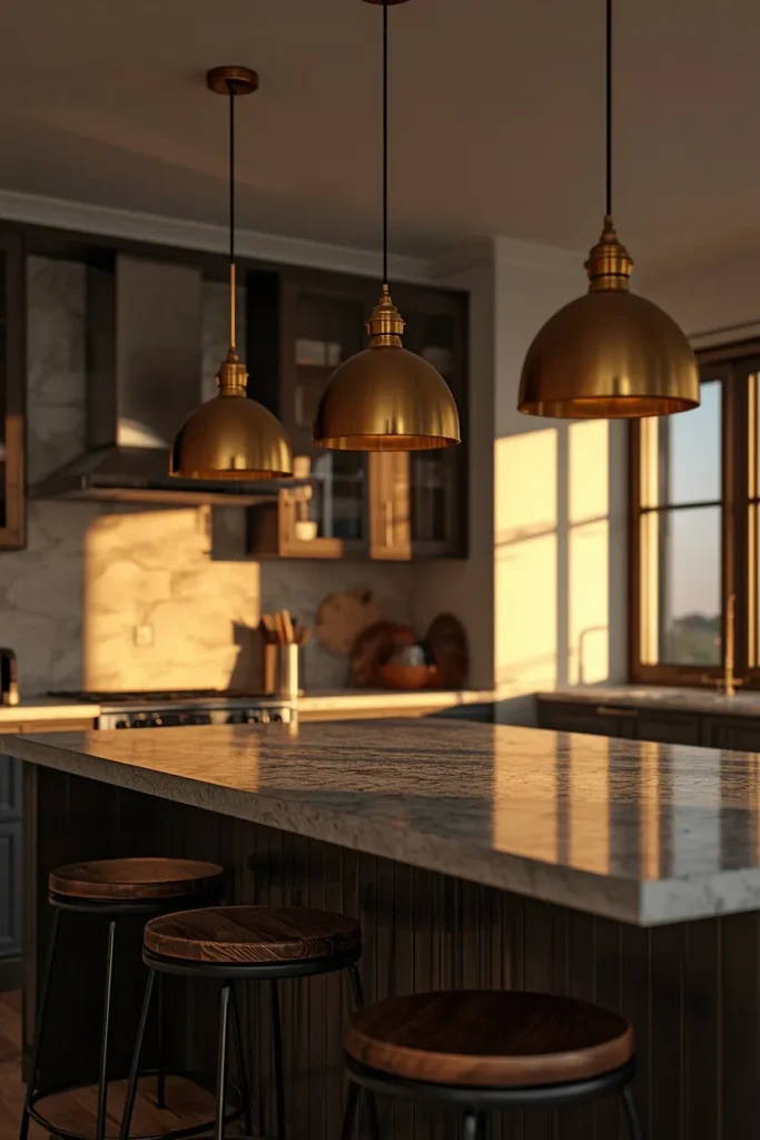  kitchen island, featuring three matching brass pendant lights evenly spaced 