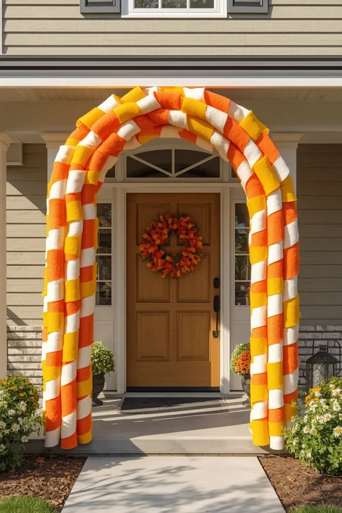  front yard archway, featuring an oversized candy corn garland made from wrapped pool 