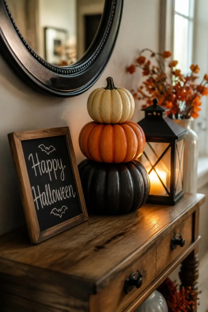  entryway table, featuring three stacked pumpkins in graduating sizes