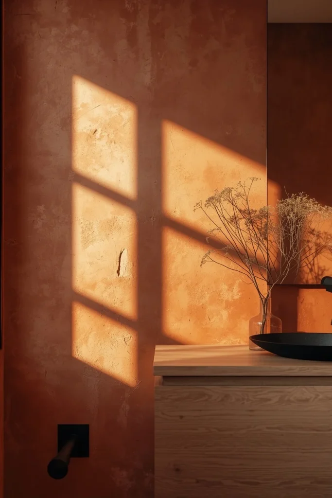 25 Modern Bathroom Designs That Look Like a 5-Star Spa Retreat 14 bathroom, featuring a warm terracotta limewash plaster accent wall with visible texture