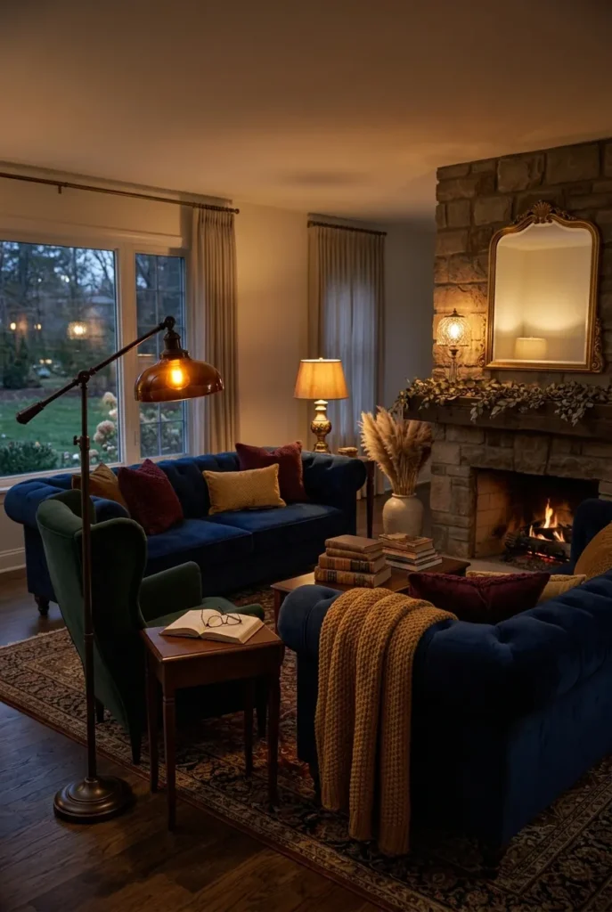 living room evening scene, featuring three warm-toned table and floor lamps