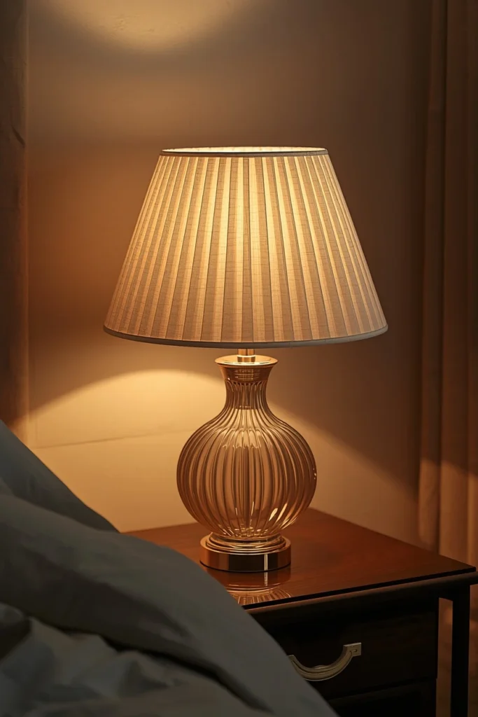 bedroom nightstand, featuring a table lamp with a scalloped cream fabric shade 