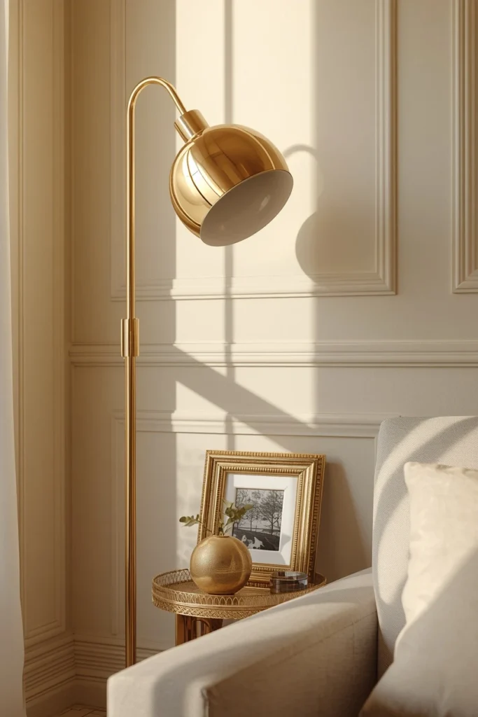  living room close-up, featuring mixed brass and chrome decor accents against a neutral cream wall, 