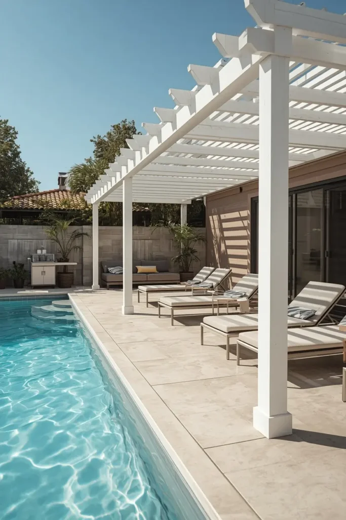  poolside patio, featuring a white aluminum pergola positioned along the edge