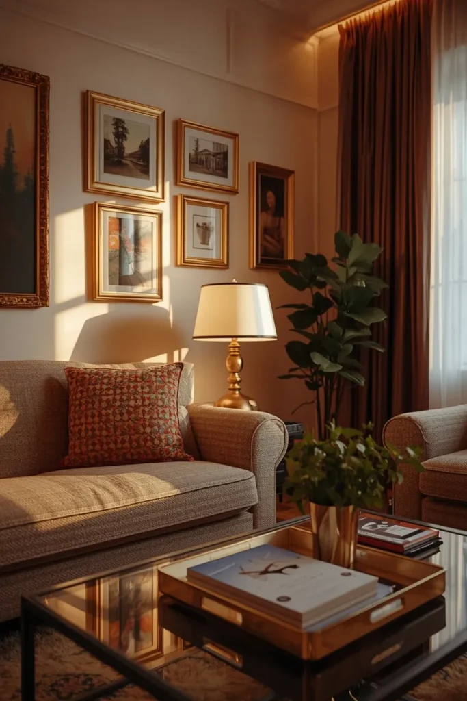 small apartment living room, featuring gold picture frames, a brass lamp base