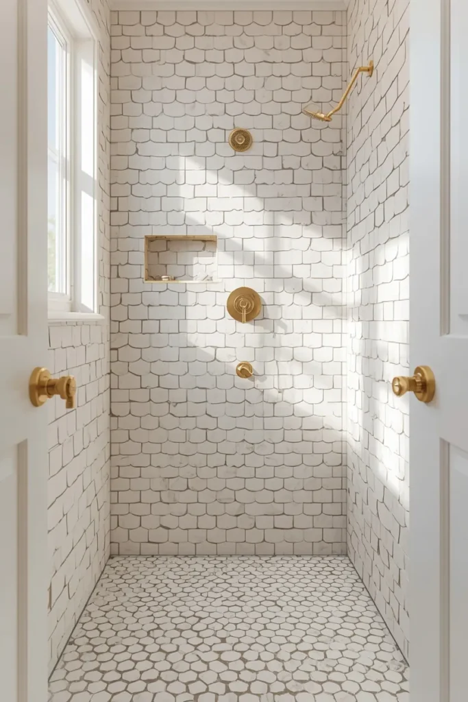 18 Scalloped Tile Ideas for a Soft, Statement-Making Bathroom 14 small bathroom shot, featuring white scalloped tile on the shower wall