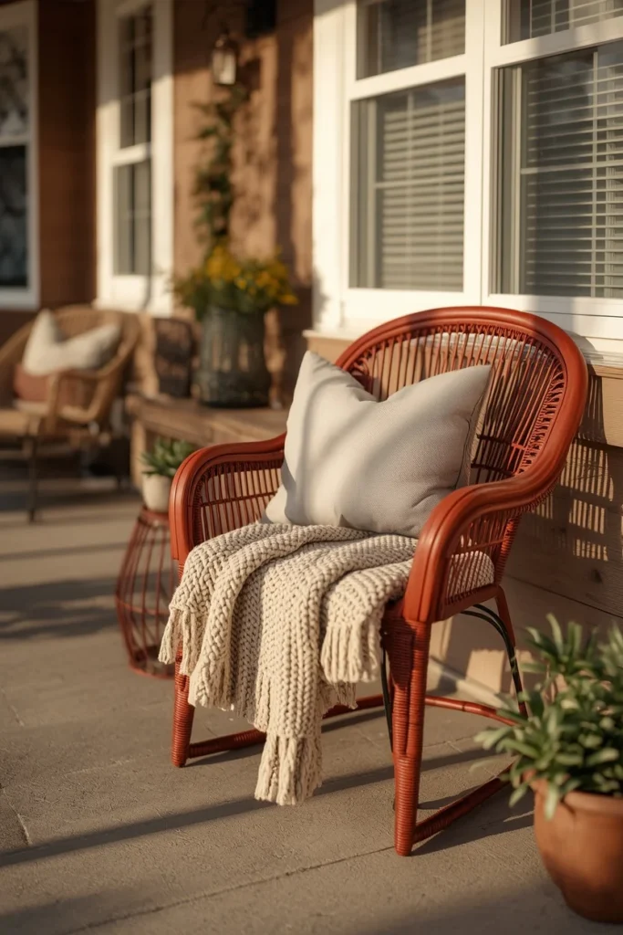 16 Simple Fall Porch Decor Ideas Anyone Can Pull Off This Season 14 front porch seating area, featuring a repainted rusty red wicker chair with a chunky knit throw