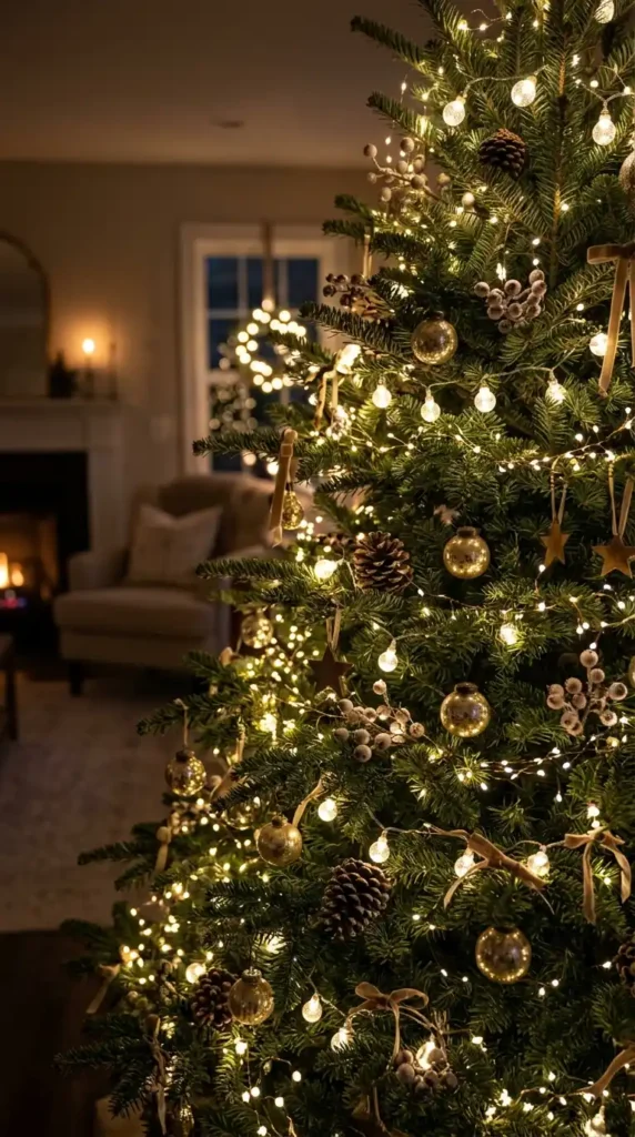 15 Simple Thanksgiving-to-Christmas Tree Transition Ideas 14 Christmas tree, featuring layered warm white lights in mixed bulb sizes