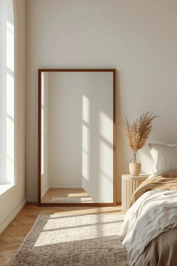 17 Tiny Bedroom Design Ideas for Couples (That Still Feel Romantic) 14 small bedroom, featuring a large framed mirror leaned against an empty wall