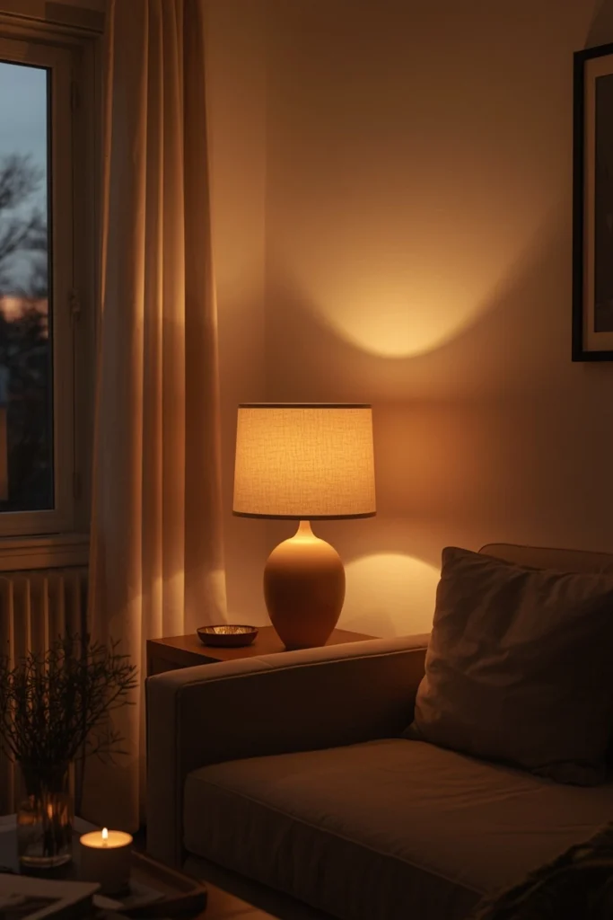 17 Understated Fall Decor Ideas for a Minimal, Modern Home 14 evening living room shot, featuring a warm table lamp and a lit candle