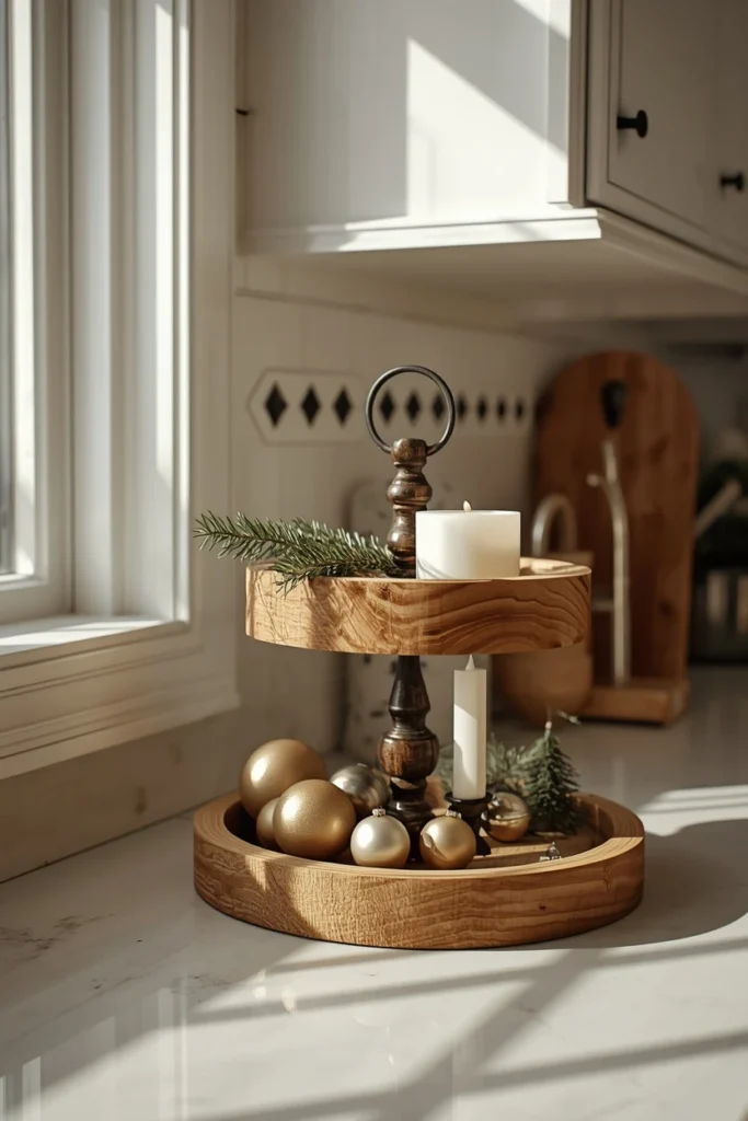 19 Ways to Decorate a Farmhouse Kitchen for Christmas (Cozy, Budget-Friendly Ideas) 14 farmhouse kitchen counter, featuring a wood tiered tray styled with mini ornaments