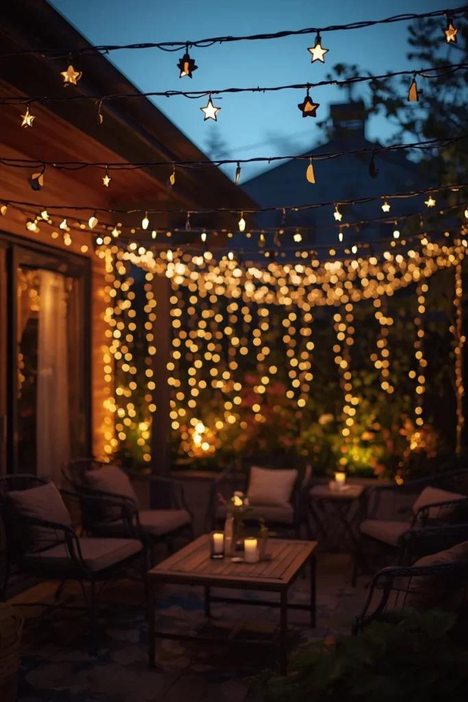 25 Whimsical Halloween Decor Ideas That Feel Spooky and Cute 14 patio seating area at dusk, featuring warm white string lights