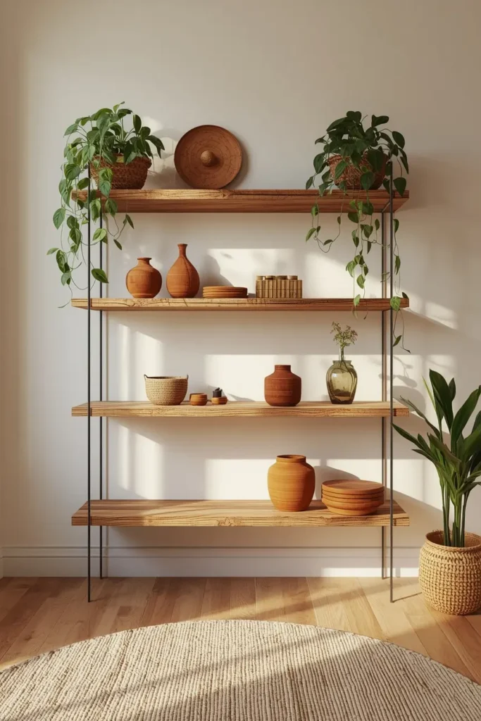 17 Afrobohemian Living Room Ideas That Feel Like a Global Getaway 15 living room, featuring open raw-edge wood shelving against a limewash white wall,