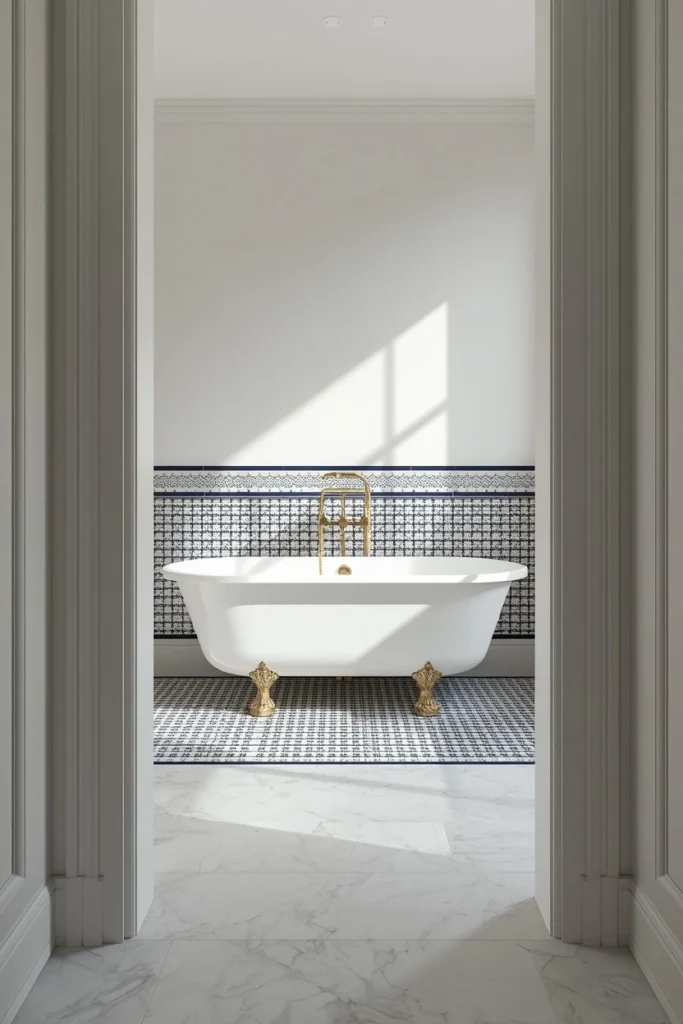 18 Bathroom Tile Ideas That Are Bold Enough to Transform Everything 15 bathroom, featuring plain white marble field floor tile with a bold navy and cream