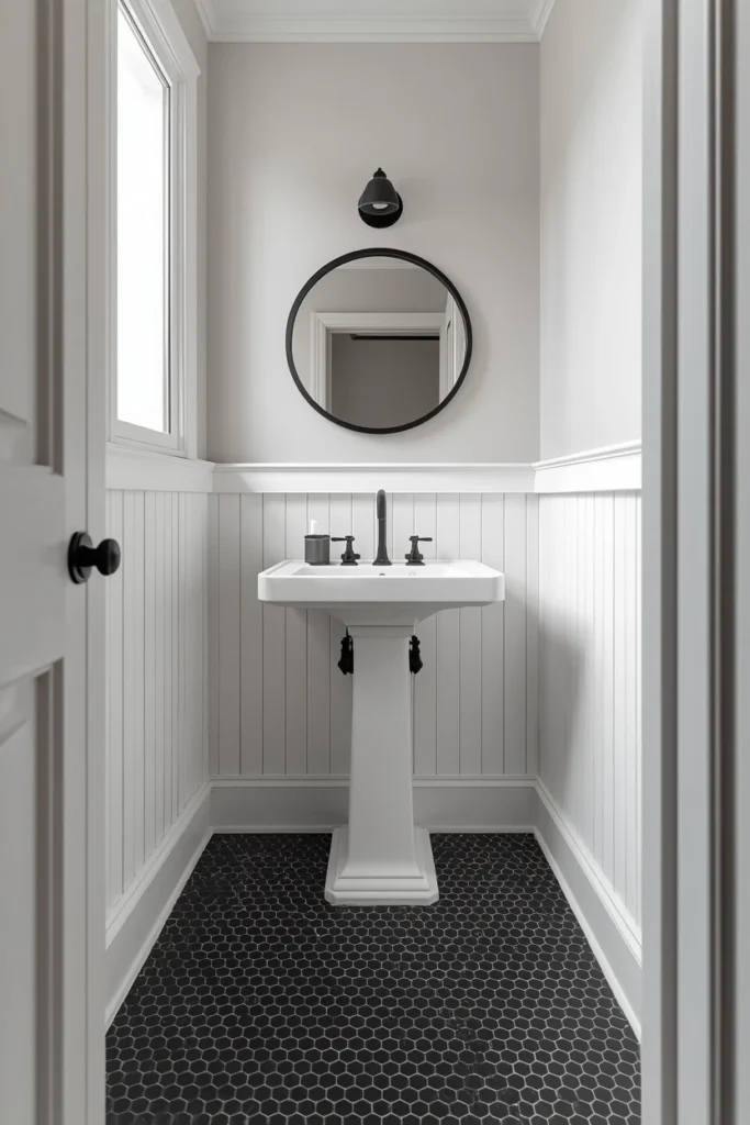 19 Black Bathroom Ideas That Are Dramatic, Chic & Completely Stunning 15 powder room, featuring small black hexagon floor tile with thin white grout,