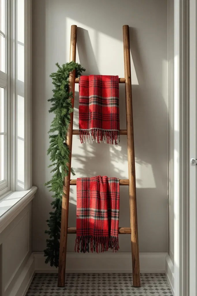 Christmas bathroom, featuring a wooden ladder draped with evergreen garland