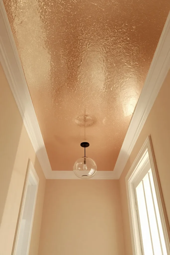  entryway shot, featuring a soft champagne metallic finish on the ceiling 