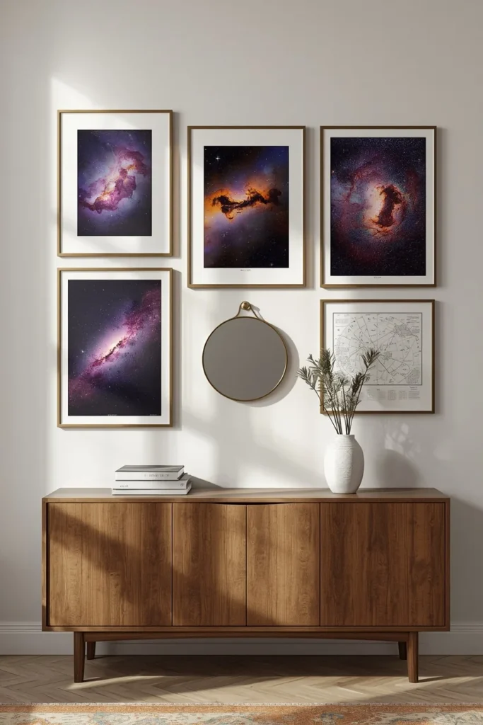 22 Cosmic Interior Design Ideas for a Starry, Galaxy-Inspired Home 15 gallery wall shot, featuring a mix of framed nebula photography in deep purple and orange tones,