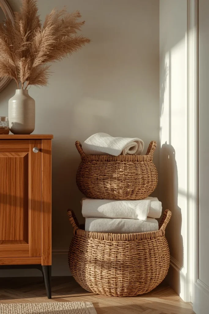  dining room corner, featuring stacked woven seagrass baskets holding folded linens near a wooden sideboard