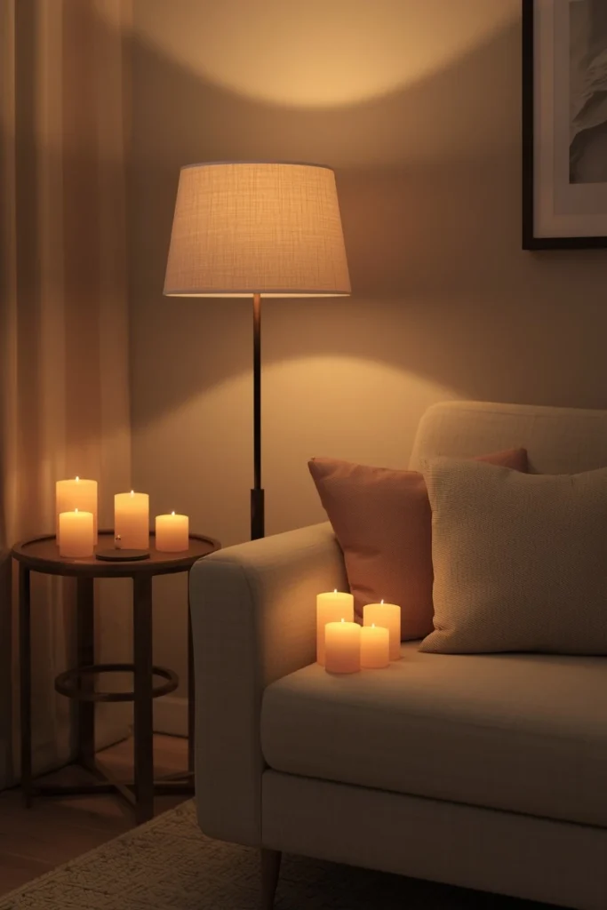 20 Cozy Warm Neutral Fall Living Room Ideas Anyone Can Recreate 15 living room evening scene, featuring a table lamp, floor lamp,