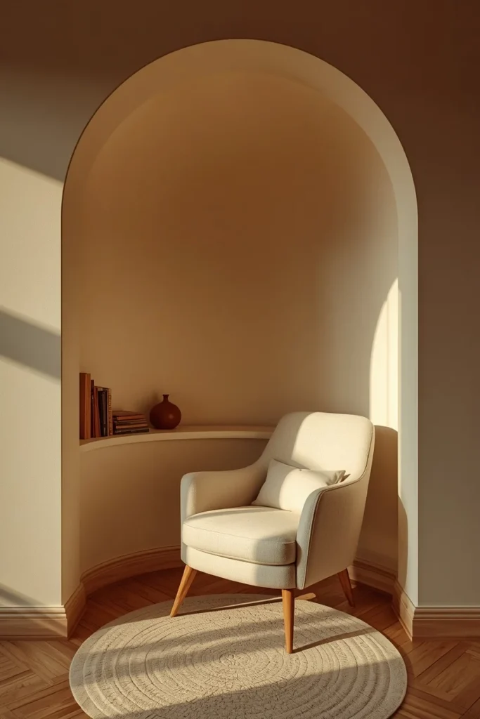 15 Curved Accent Wall Ideas to Soften a Boxy Room 15 reading nook, featuring a rounded curved corner wall with a built-in shelf ledge