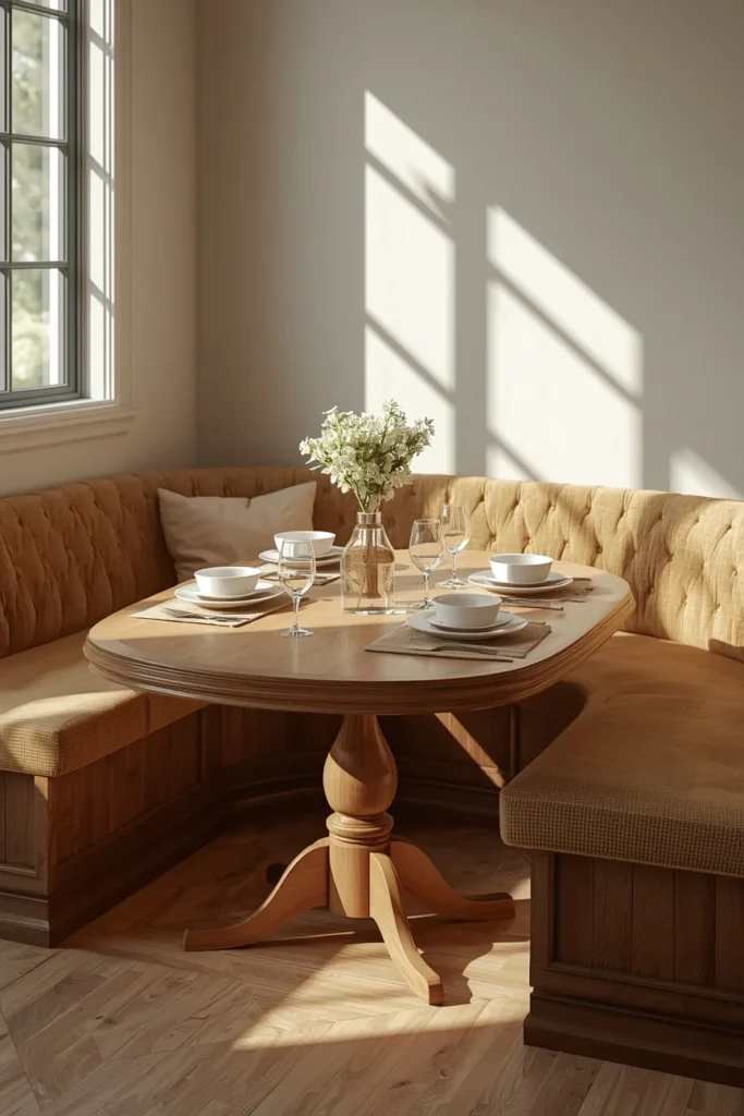  kitchen nook shot, featuring a curved banquette paired with an oval wood pedestal table