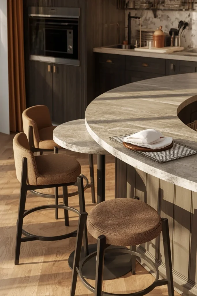 17 Curved Kitchen Peninsula Ideas for Better Small-Space Flow 15 kitchen peninsula close-up, featuring a small round table attached to the end of a curved stone counter
