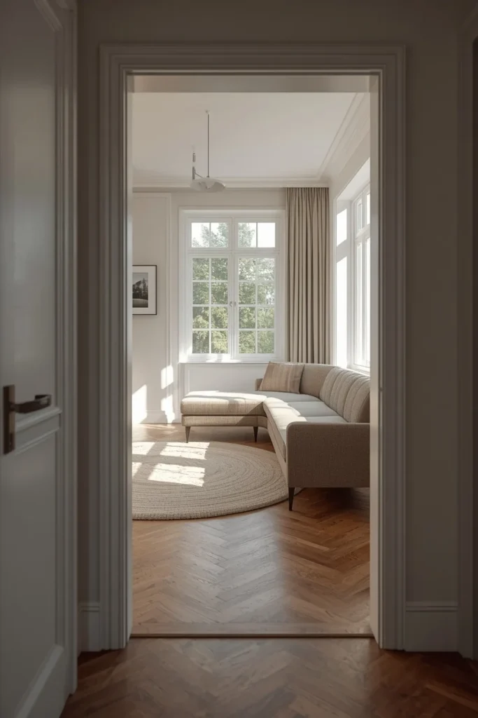  small living room wide angle shot, featuring a curved sofa positioned along a natural walking path