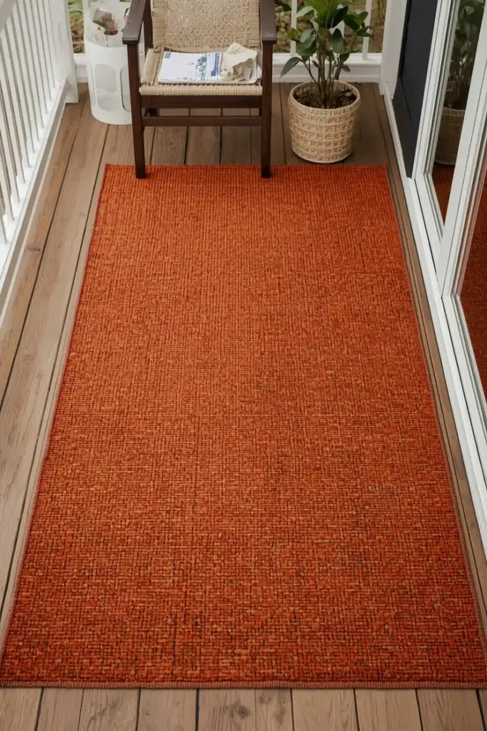 front porch, featuring a warm rust-toned outdoor rug replacing a brighter summer rug