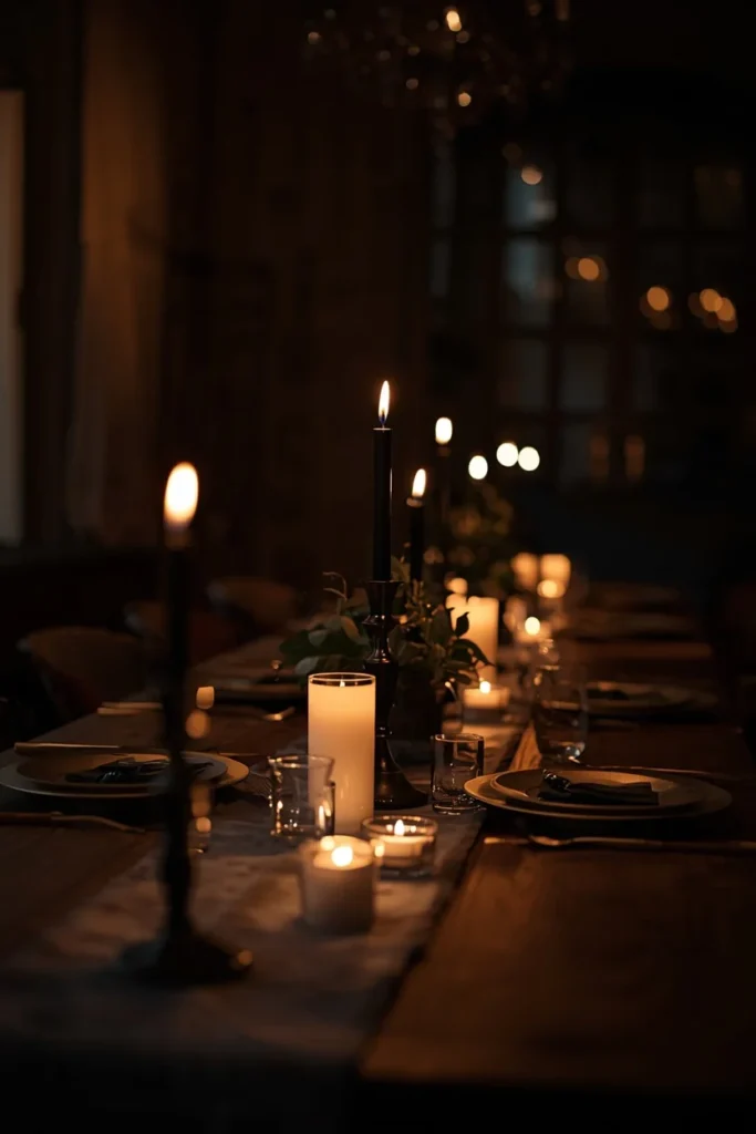 18 Elegant Halloween Dining Table Ideas for a Chic Fright Night 15 dining table at night, featuring layered candlelight from tall black taper candles,