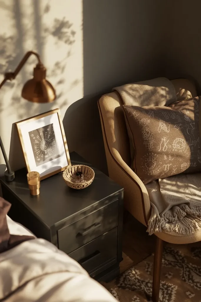 bedroom nightstand, featuring a small zodiac print, a zodiac-themed throw pillow 