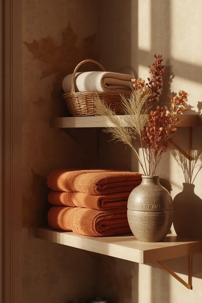 15 Fall Bathroom Decor Ideas for a Cozy Season Refresh 15 bathroom open shelving, featuring a styled arrangement of folded rust-toned towels,