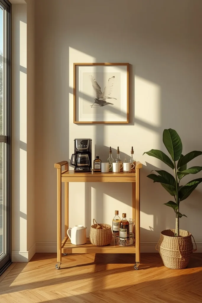 dining room, featuring a small wood bar cart set up as a self-serve coffee station 