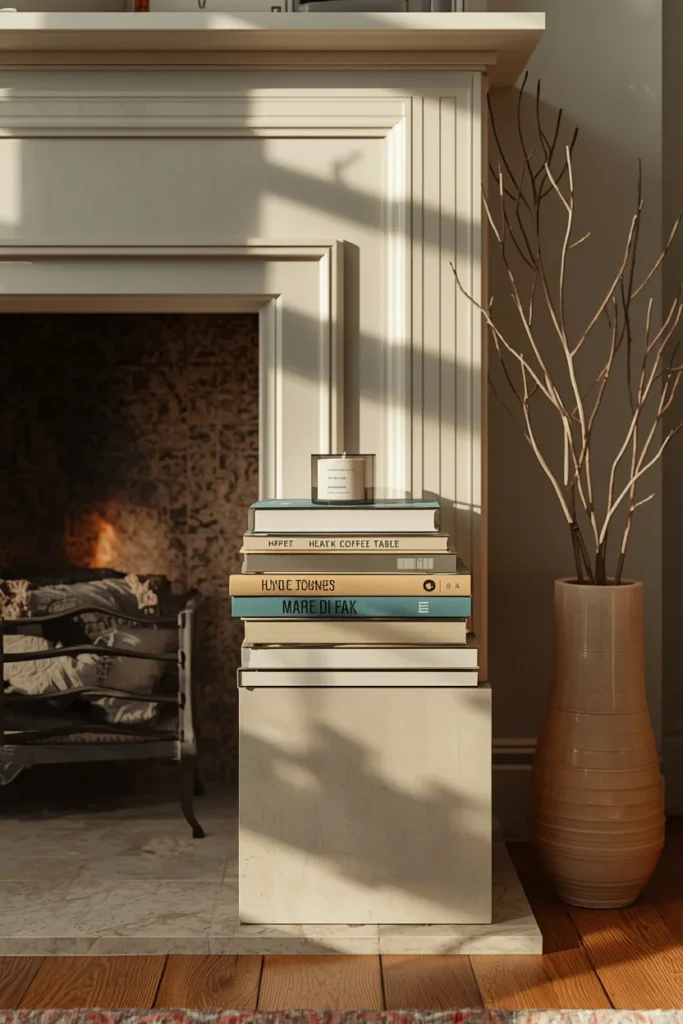 16 Fall Decor Ideas for the Space in Front of Your Fireplace 15 living room fireplace, featuring a neat stack of oversized coffee table books on the raised hearth