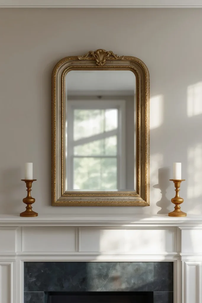  farmhouse living room mantel, featuring an antique mirror with a distressed gilded frame