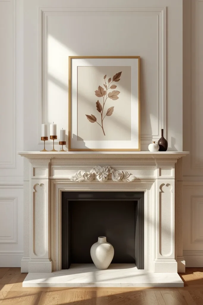 fireplace mantel and wall, featuring a framed muted botanical autumn print hung above the mantel 