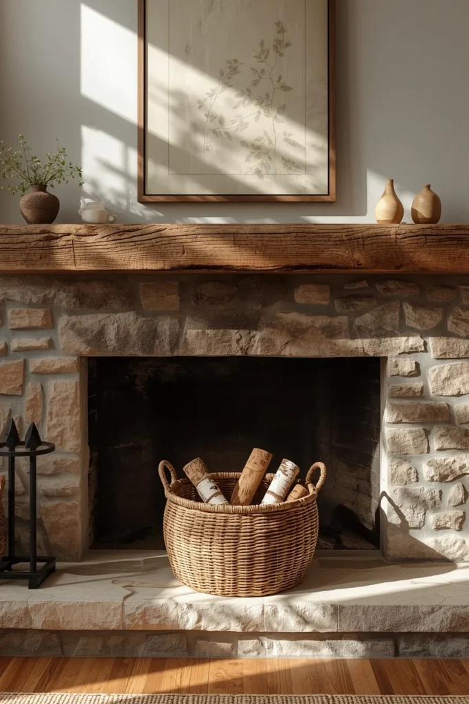 living room fireplace, featuring a woven seagrass basket filled with birch logs on the stone hearth