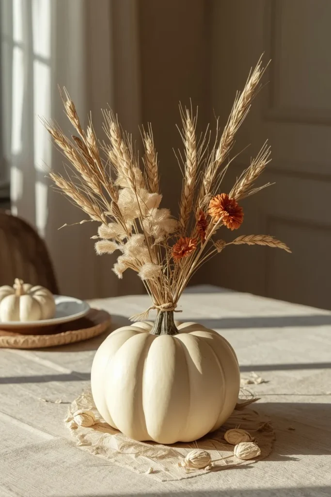 dining table centerpiece, featuring a cream faux pumpkin used as a vase 