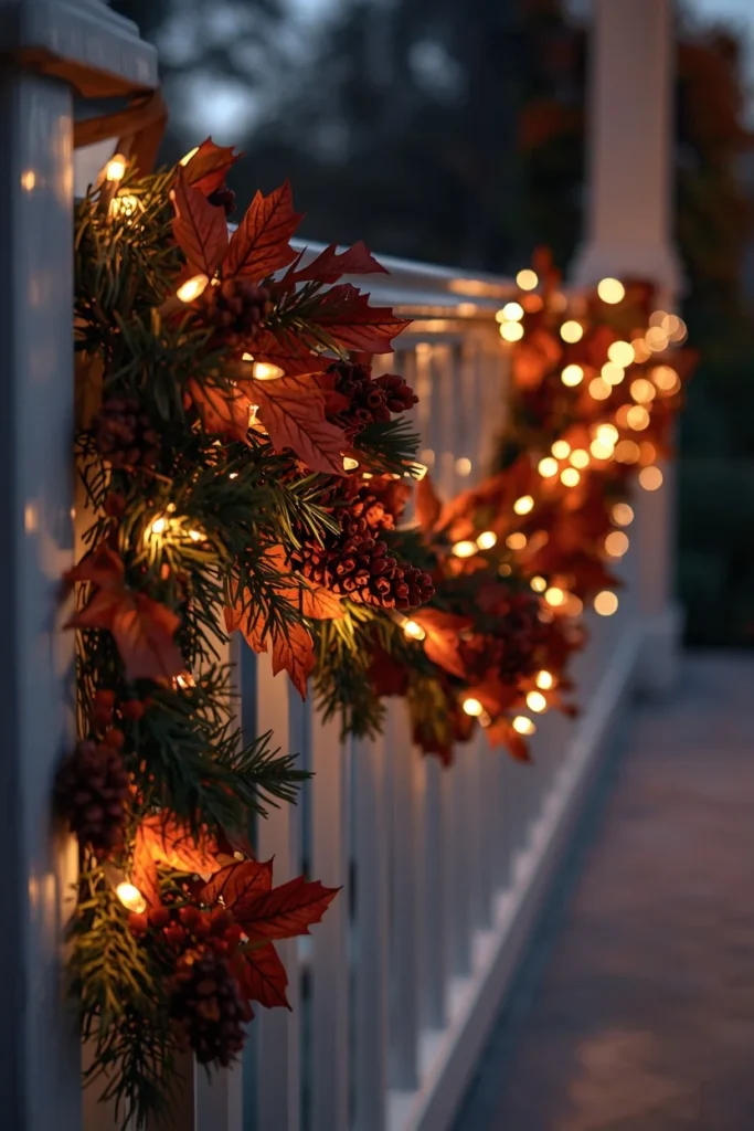23 Fall Front Porch Decor Ideas Neighbors Will Envy 15 front porch railing, featuring a draped garland of faux fall leaves, pinecones, and berry clusters