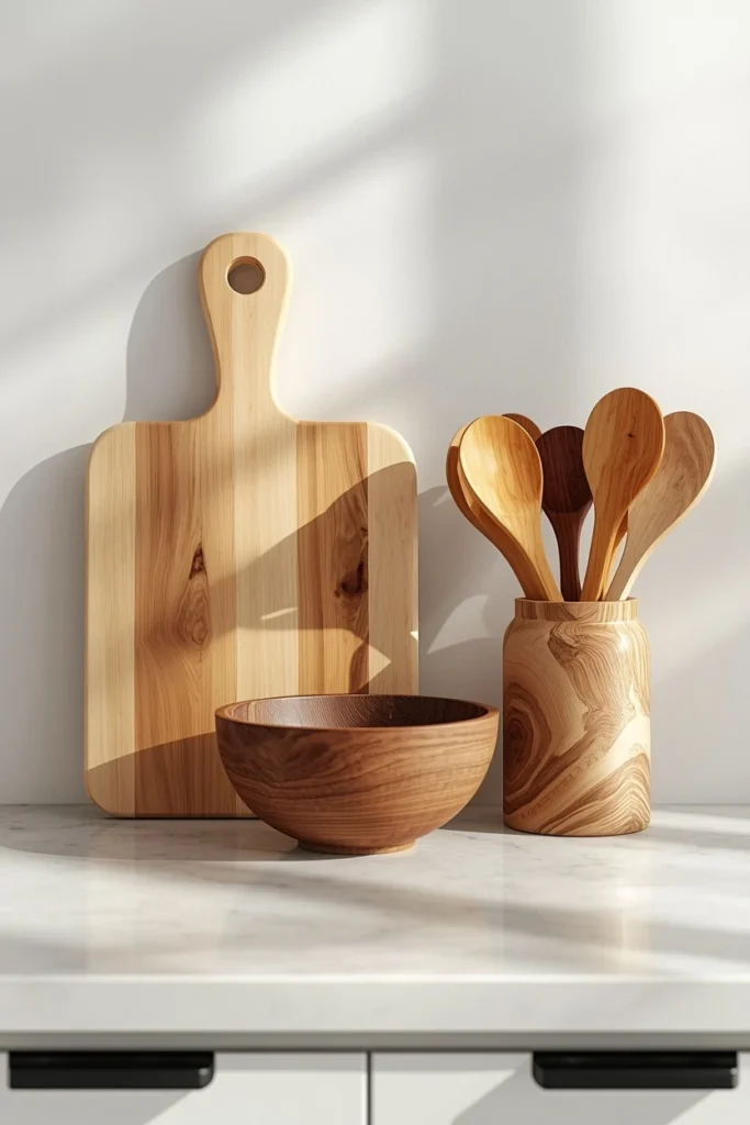 17 Fall Kitchen Countertop Decor Ideas That Feel Cozy, Not Cluttered 15 kitchen counter wide shot, featuring a light oak cutting board, a dark walnut dough bowl