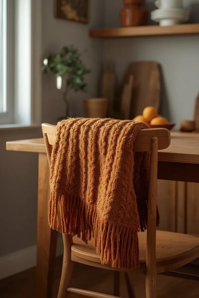 20 Fall Kitchen Decor Ideas That Are Easy to Recreate 15 kitchen dining nook close-up, featuring a chunky rust knit throw draped