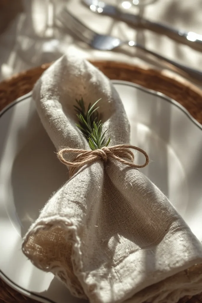 18 Fall Table Setting Ideas for Cozy Autumn Dinners 15 place setting close-up, featuring a folded linen napkin tied with a jute twine