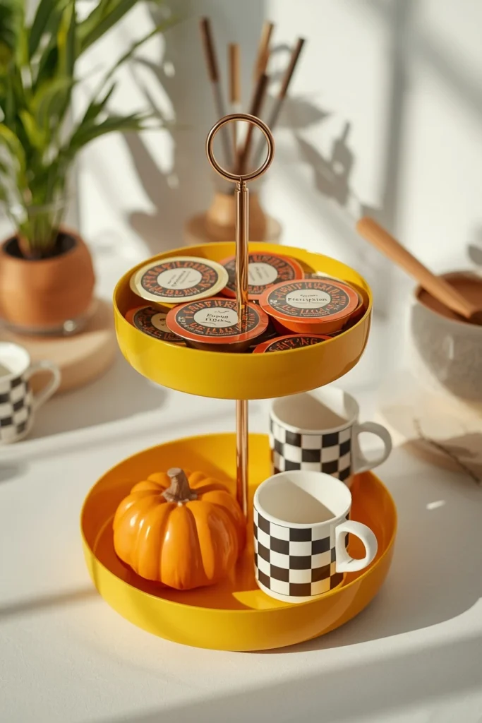 coffee station close-up, featuring a glossy yellow tiered tray holding coffee pods,