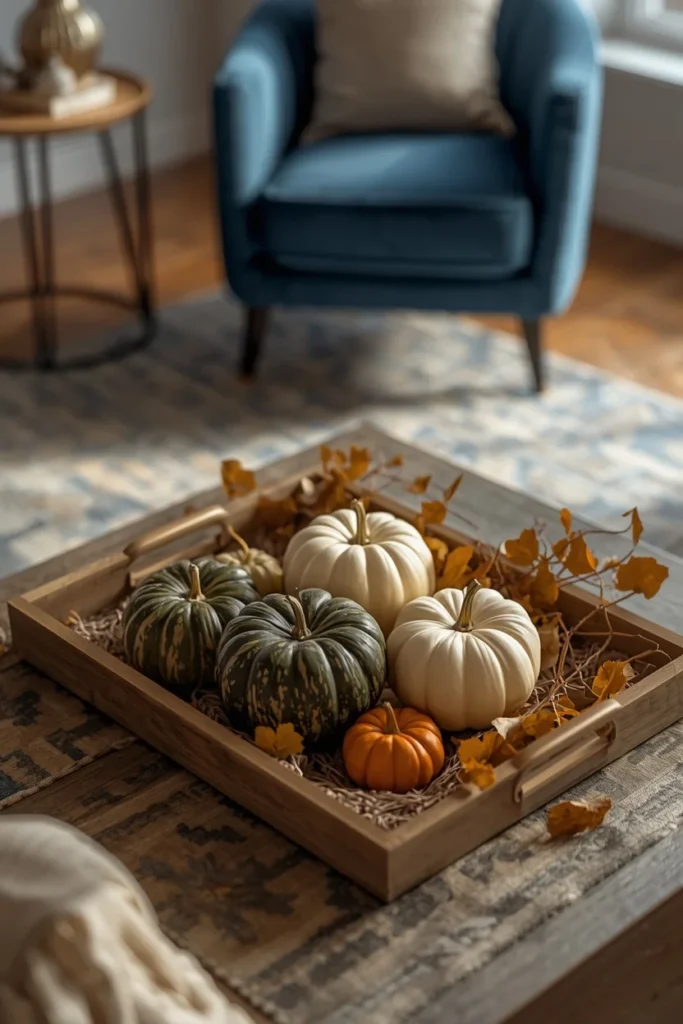 15 Fall Tray Decor Ideas to Style Your Coffee Table Like a Pro 15 living room coffee table, featuring a fall tray styled with deep olive and cream pumpkins