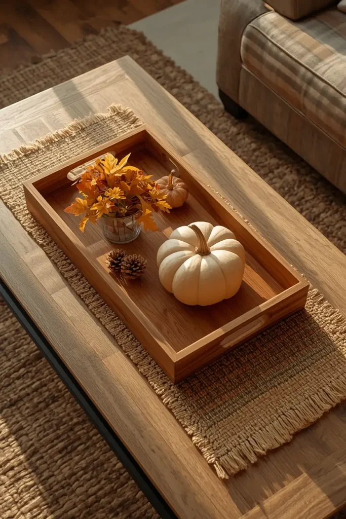  coffee table, featuring a wood tray with a fall vignette resting on top of a woven plaid runner