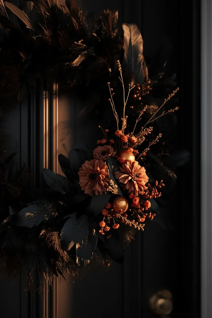 24 Fall Wreath Ideas to Welcome the Season in Style 15 front door close-up, featuring a wreath with black feathers and dark foliage as a base, burnt-orange floral clusters,