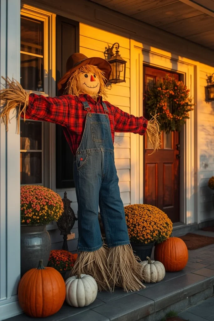 19 Fun DIY Scarecrow Ideas for fall that Kids Will Love Making 15 front porch scene, featuring a full-sized scarecrow dressed in a red flannel shirt and denim overalls